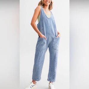 Free People We The Free Light Blue Denim High Roller Overalls jumpsuit Small